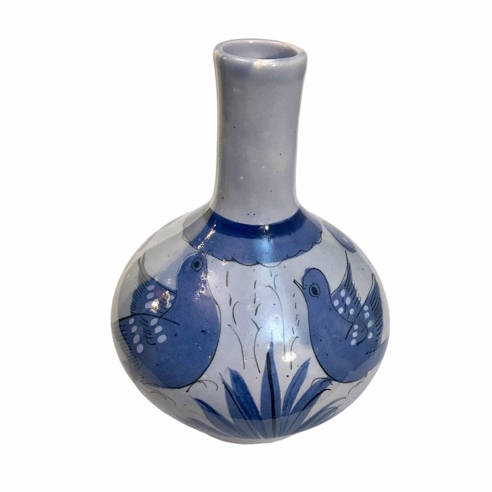 Vintage Tonala Mexican Pottery Vase Blue Birds Butterflies Floral 8.5" Signed VG - Picture 6 of 13